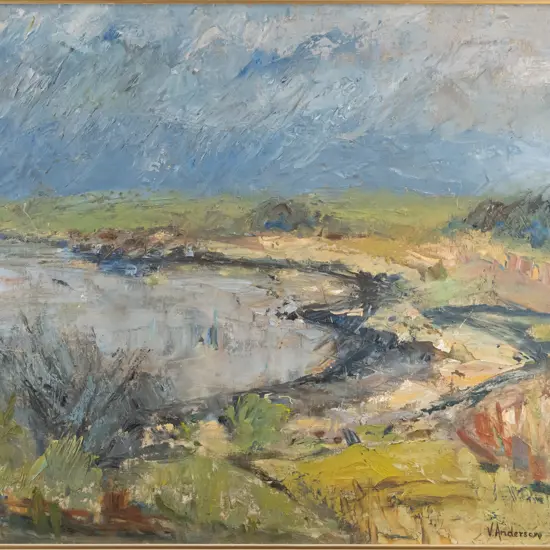 V Anderson 1963 - framed oil "Storm Waitati" H-340 W-380