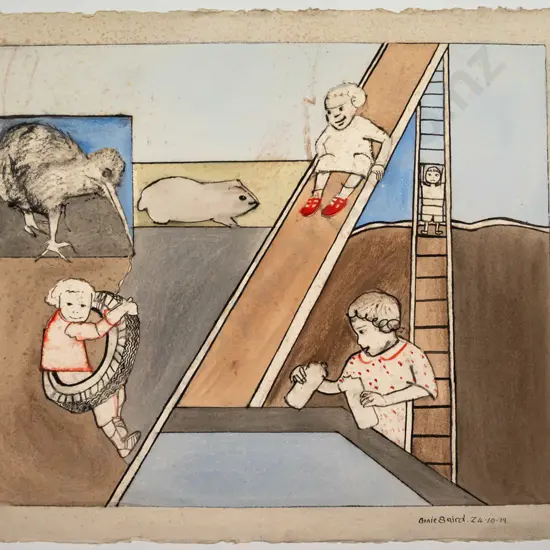 Annie Baird 79 - unframed watercolour on paper -children playing H-490 W-600, foxing