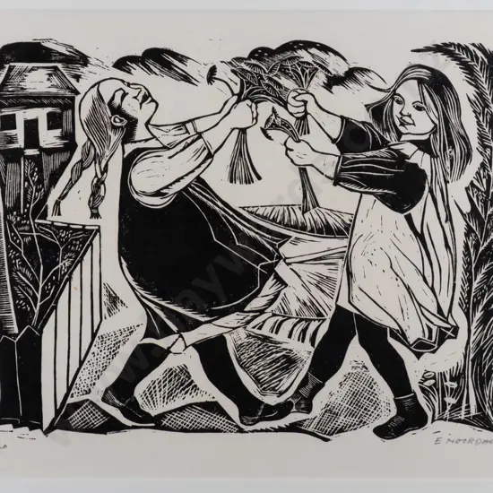 Els Noordhof  - framed block print 23/30 "Children dancing"  H-260 W-320