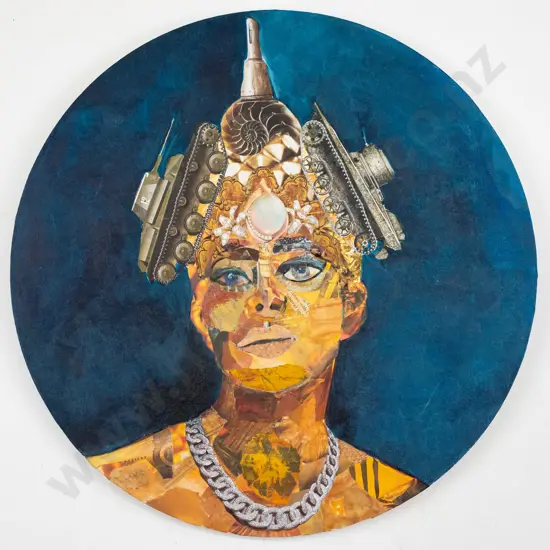 Tania Brady - collage on circular canvas - portrait Dia - 410