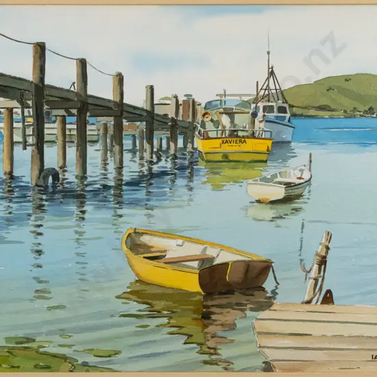 Ian J Smith - framed watercolour "Fishing boats & dinghies, from Wellers to Otago Harbour Heads H-240 W-330