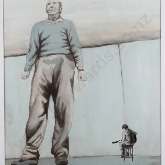 unsigned framed watercolour - very tall man & person playing guitar H-390 W-360