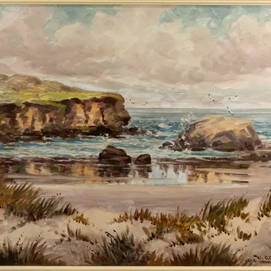 W Allen Bollard - framed oil - coastal scene H-640 W-900