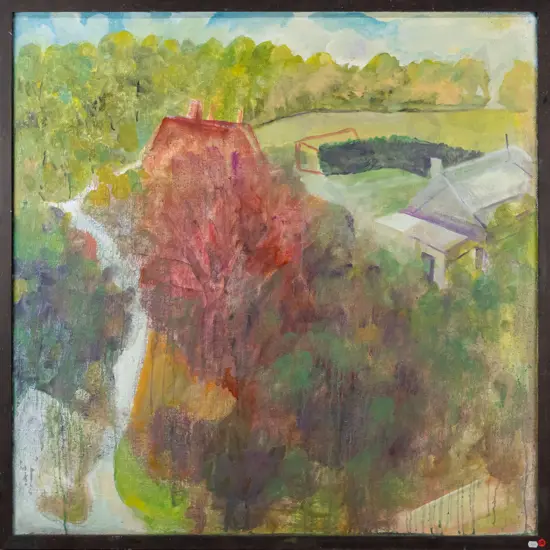 unsigned framed acrylic on hessian - trees and houses H-990 W-990