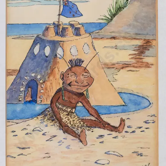 AR Mutch 1993 - framed ink and watercolour "Happy as a sand boy" H-165 W-120
