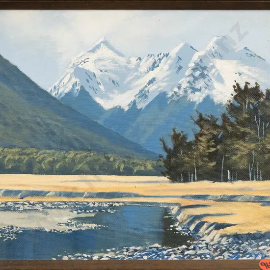 Graham Tait - framed acrylic - lake & mountain scene H-220 W-290