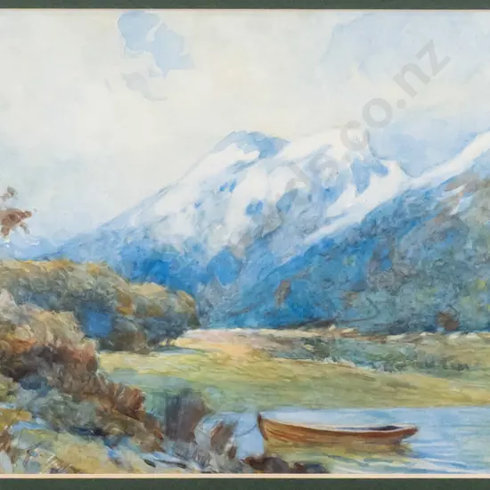 Mabel Hill 1916 - framed watercolour - lake & mountain scene H-170 W-310