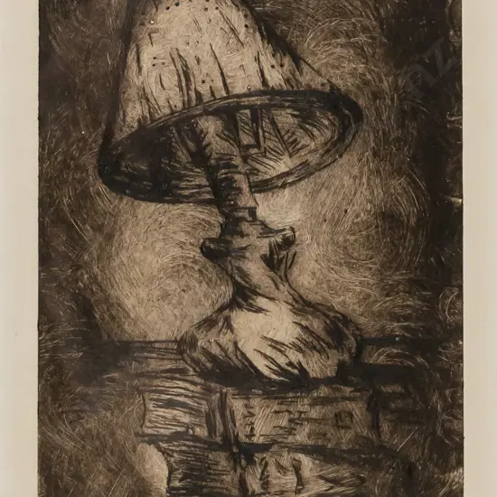Nicola Gibbons 02, framed etching 4/8 - lamp on books H-145 W-105