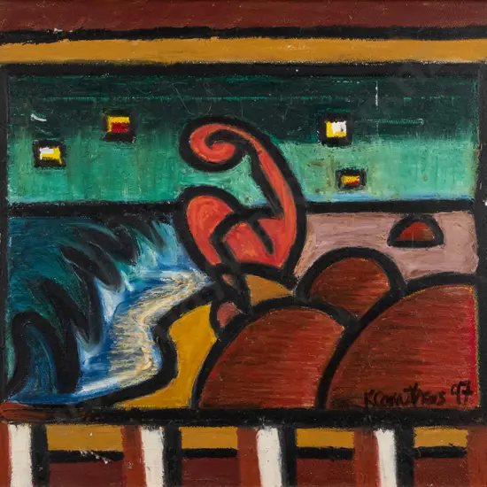 K Carruthers '97 -framed acrylic on canvas "Dreaming in Moeraki" H-270 W-340