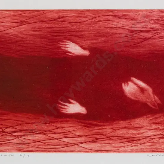 Kathryn Madill 2019 - framed mezzotint 6/10 "Red River - The Daemon" H-120 W-220