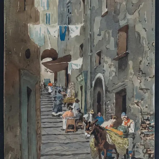 illegible signature - framed watercolour - street scene H-320 W-180