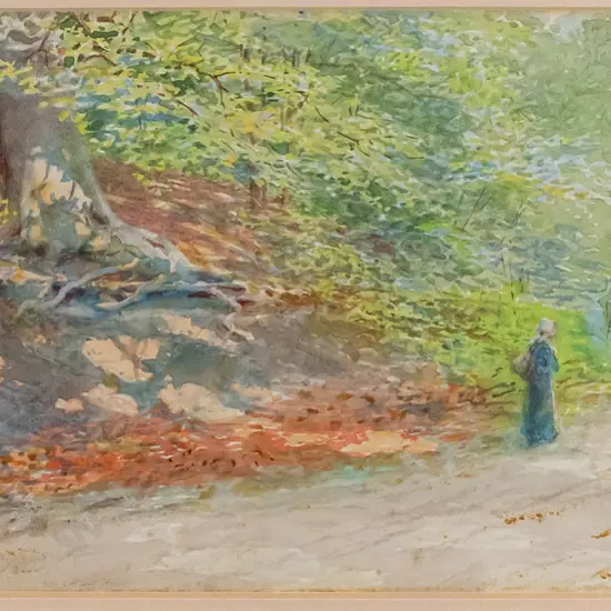 Lexden Lewis Pocock, framed watercolour - woman walking on the road H-143 W-320