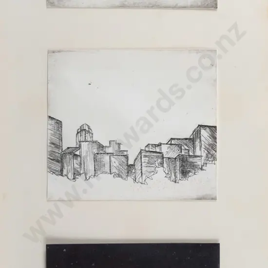 Natasha Chance '87 - framed etching triptych - "Night & Day City." H-360 W-120