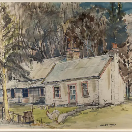 Heather Francis - framed ink & watercolour "Old House Arrowtown" H-500 W-580