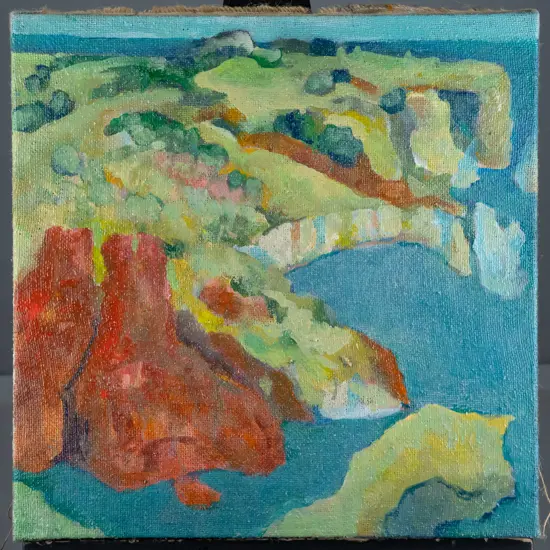 Rodney Hamel '23 - boxed oil on hessian "Tunnel Beach " H-460 W-460