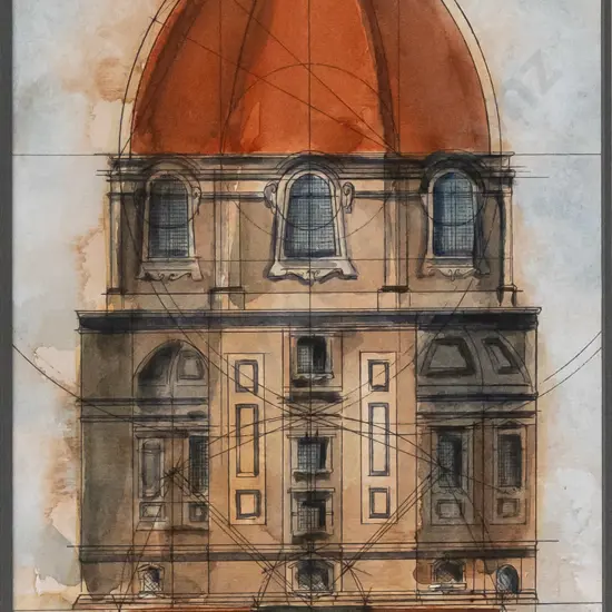 illegible signature - framed ink and  watercolour - architectural drawing H-270 W-160