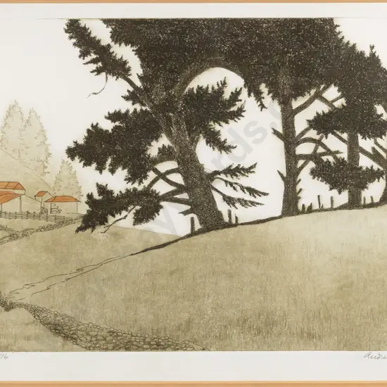 Audrey Bascand - framed etching 6/16 "Old Pines" H-200 W-290