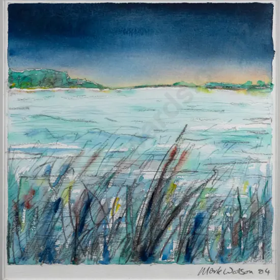 Mark Watson '04 -framed mixed media - coastal scene H-220 W-220