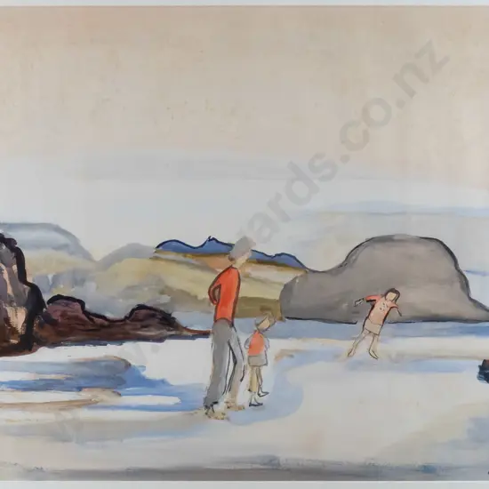 Annie Baird - framed watercolour - people on beach H-420 W-580, foxing, glass needs a clean