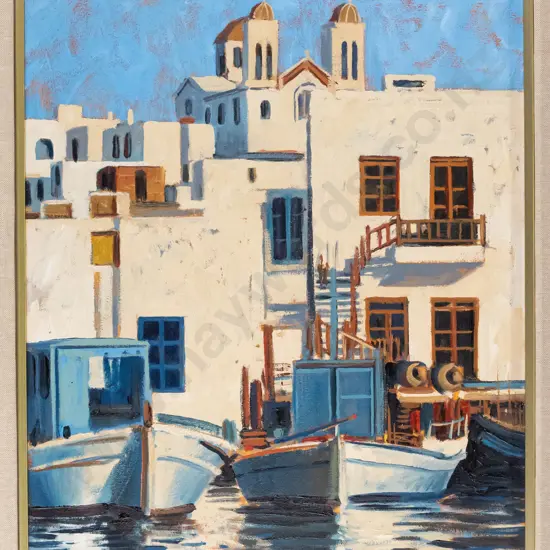 Grahame Brinsley '93 - framed oil on board "Nauosa, Paros Greece" H-450 W-340