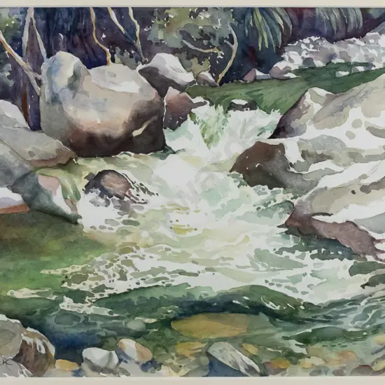 Jane Thomas, framed watercolour "Moving water, Staveley Creek" H-210 W-330