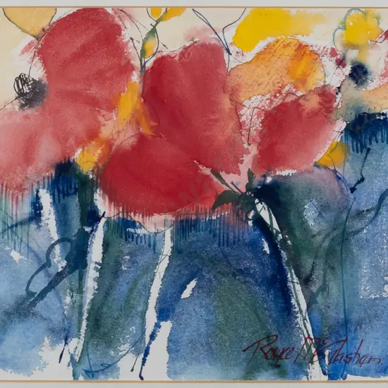 Royce McGlashan - framed watercolour and ink - poppies H210 W-240