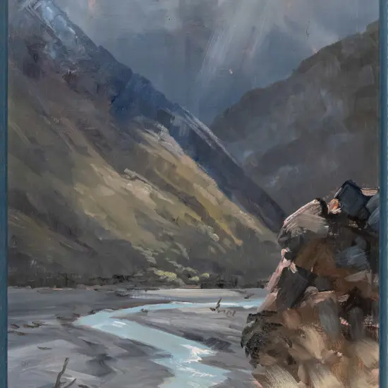 Aston Greathead 78 -framed oil on board "Franz Josef Valley" H-520 W-340