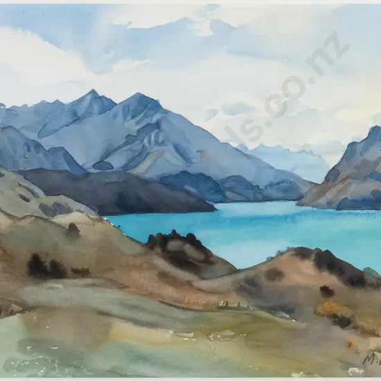 M Rhodes - framed watercolour - lake and mountain scene H-240 W-330
