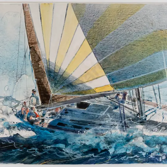 David Barker, framed mixed media "Sailing Bay of Islands" H-400 W-470