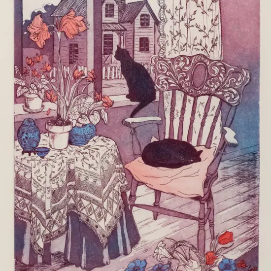 Karen Burrows - framed ltd edition print 19/80 "Cottage Cat I" H-400 W-200