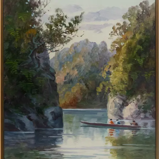 W Allen Bollard - framed oil - boat on water H-530 W-320