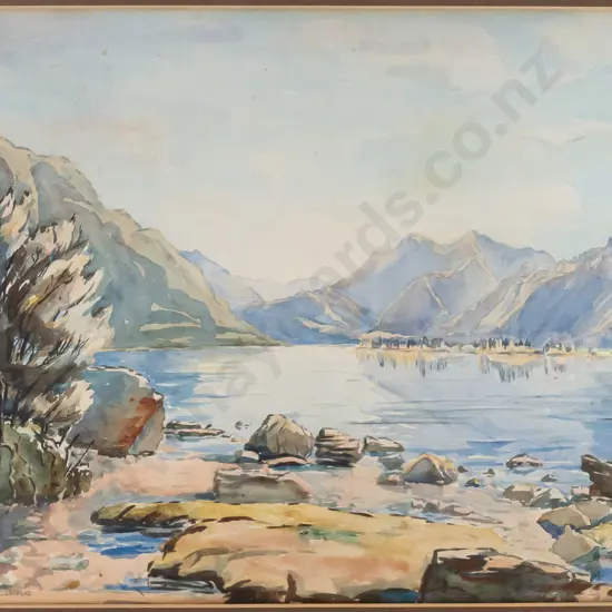 Eana B Jeans - framed watercolour "Wanaka Near Outlet" (slight foxing) H-340 W-440