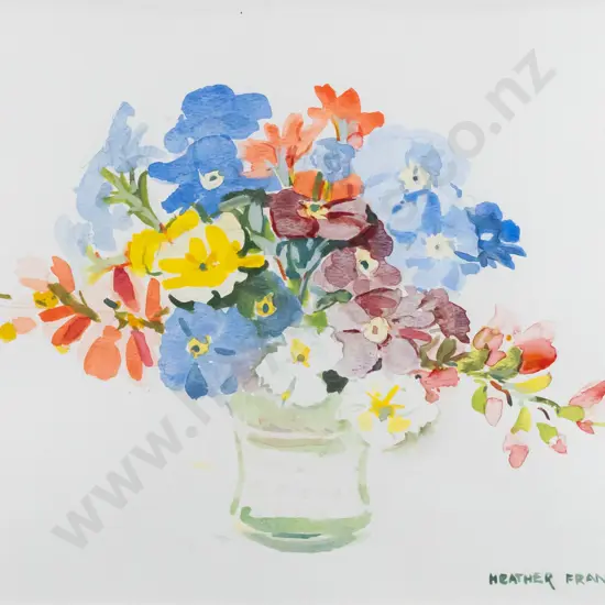 Heather Francis - framed watercolour "Spring flowers" H-270 W-350