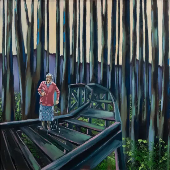 Jenny Darling - framed oil on canvas "Mrs Webb has six legs" H-740 W-750