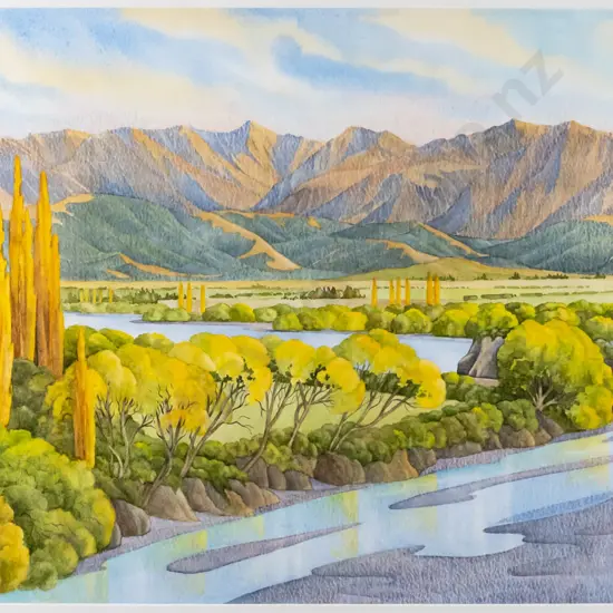 Ian McNeill 2006 - framed watercolour "Autumn Waiau River Near Hanmer Springs" H-340 W-510