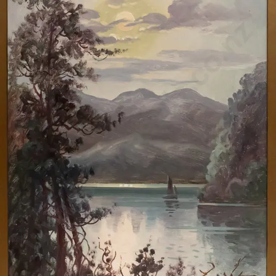 W Allen Bollard - framed oil - lake and mountain scene H-530 W-320 (mat needs attention)