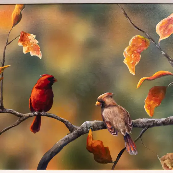 JSD - framed oil on canvas - birds on branch H-390 W-490 (framing needs attention)