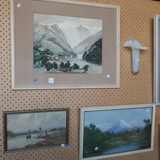 framed watercolour, oil on board, Maori pa Taranaki print - blue dots