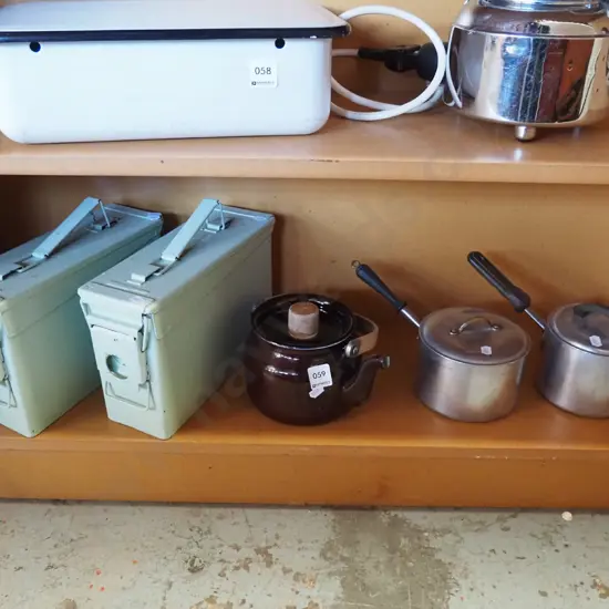 ammunition tins, enamel tea pot etc