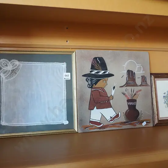 framed hankerchief, sand picture on board, small floral print 