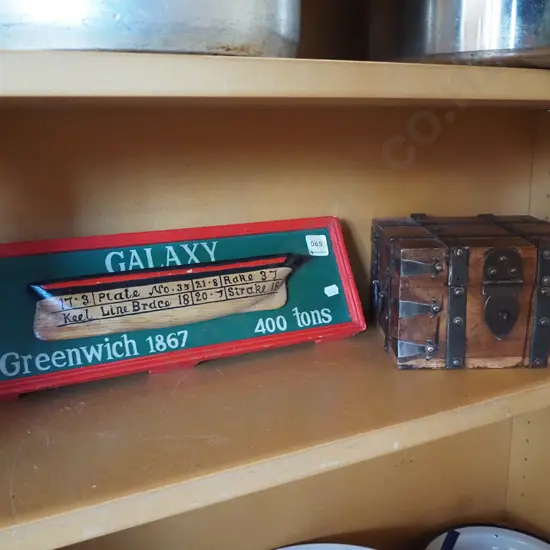 half hull model boat - The Galaxy 1867, metal bound wooden trunk