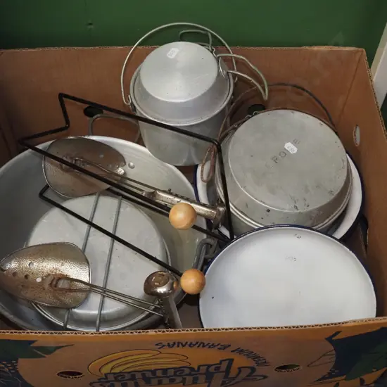 box; jam pan, enamel bowls, shoe forms etc