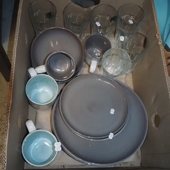 box; large glass tumblers, plates, cups