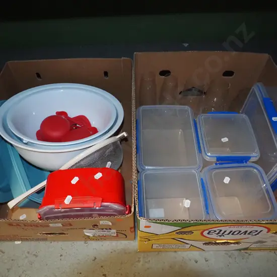 2x boxes; glass ware, Sistema containers, plastic mixing bowls etc