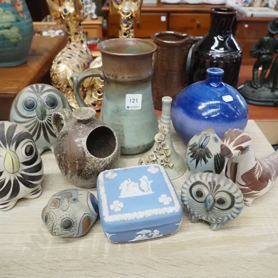 studio pottery tankard, salt pig, vases, Mexican owls etc