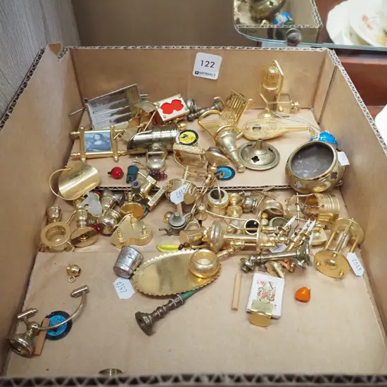 box of brass miniatures; wheelbarrows, roosters, lutes etc