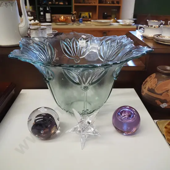 large frilled edge glass bowl with tulips H-230 Diam-420, 3x paperweights