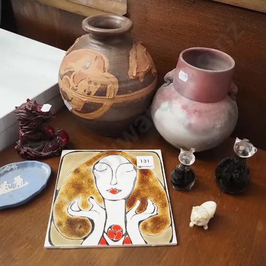 2x studio pottery vases, ceramic picture tile, glass cat ornaments etc