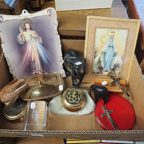 box; religious print, elephant figurines, trinket boxes