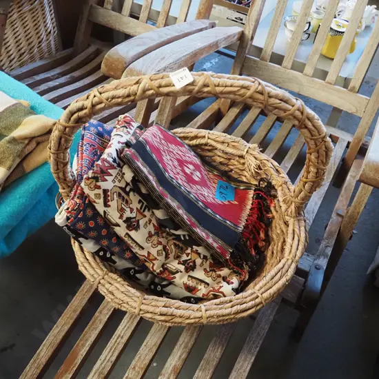 seagrass basket, fabric pieces